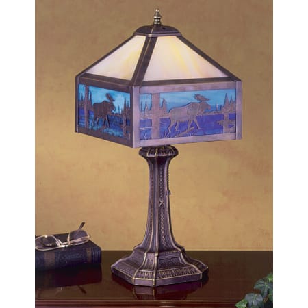 Meyda Tiffany Single Light Lodge Style Table Lamp with Moose Highlight Craftsman Brown