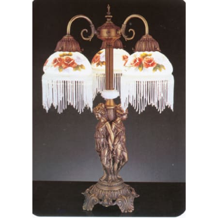 Meyda Tiffany Vintage Victorian Tiffany Three Light Table Lamp with Fringe Pink / Blue / Bronze
