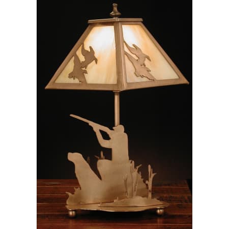 Meyda Tiffany Hunting Lodge Accent Table Lamp from the Ducks in Flight Collection Antique Copper / Beige Art Glass