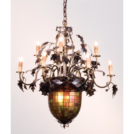 Meyda Tiffany 11 Light Up / Down Lighting Chandelier from the Acorn & Oak Leaves Collection Antique Copper / Amber Green