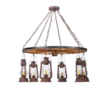 Meyda Tiffany 40" W Miners Lantern Wagon Wheel 6 Light Chandelier Rust