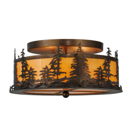 Meyda Tiffany Tall Pines 2 Light 16" Wide Semi-Flush Drum Ceiling Fixture with Amber Shade - Antique Copper Finish Antique Copper