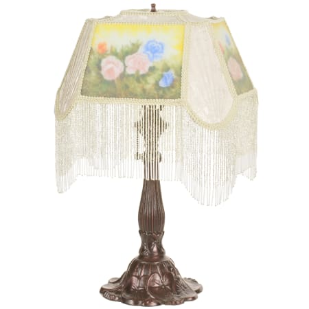 Meyda Tiffany 18" H Reverse Painted Roses Fabric With Fringe Accent Lamp Ivory