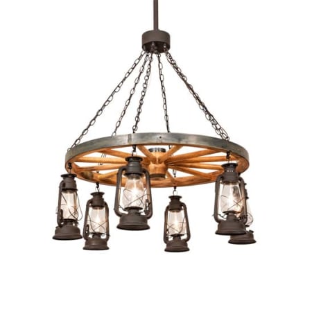 Meyda Tiffany Miners Lantern Wagon Wheel 6 Light 40" Wide Lantern Chandelier Dark Roast