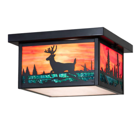 Meyda Tiffany Hyde Park Deer Creek 2 Light 17" Wide Flush Mount Square Ceiling Fixture with Colorful Glass Shade - Antique Brass Finish Antique Brass