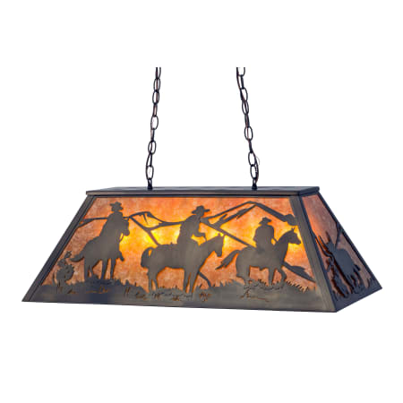 Meyda Tiffany Rustlers 3 Light 33" Wide Billiard Chandelier with Brown Mica Shade Antique Copper / Amber Mica