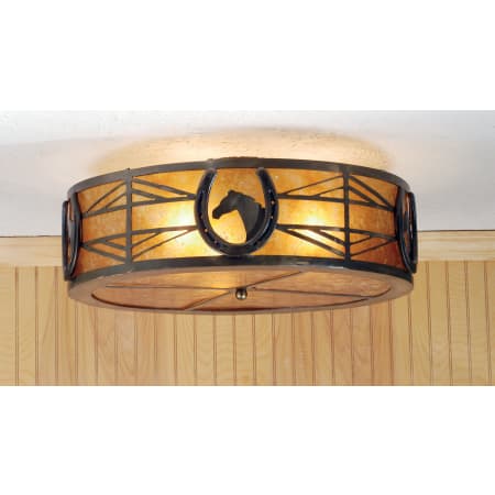 Meyda Tiffany Horseshoe 3 Light 22" Wide Semi Flush Drum Ceiling Fixture with Brown Mica Shade Antique Copper / Amber Mica
