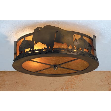 Meyda Tiffany Buffalo 2 Light 16" Wide Semi Flush Drum Ceiling Fixture with Brown Mica Shade Antique Copper / Amber Mica