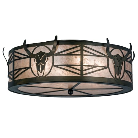 Meyda Tiffany Steer Skull 4 Light 24" Wide Flush Mount Drum Ceiling Fixture with Silver Mica Shade Antique Copper