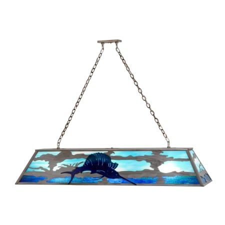 Meyda Tiffany Sailfish 9 Light 61" Wide Linear Chandelier with Blue Glass Shade Stainless Steel