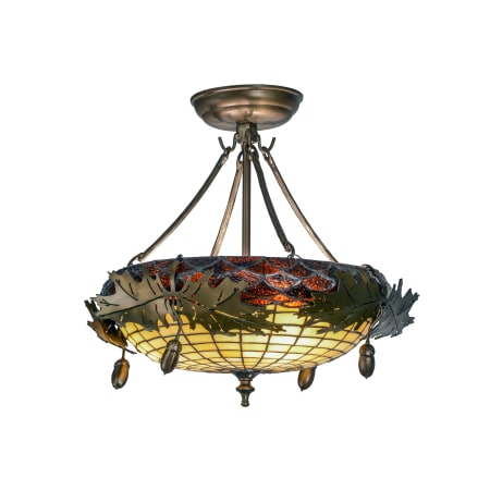 Meyda Tiffany Greenbriar Oak 3 Light 15-1/2" Wide Semi Flush Ceiling Fixture with Tiffany Glass Shade Antique Copper