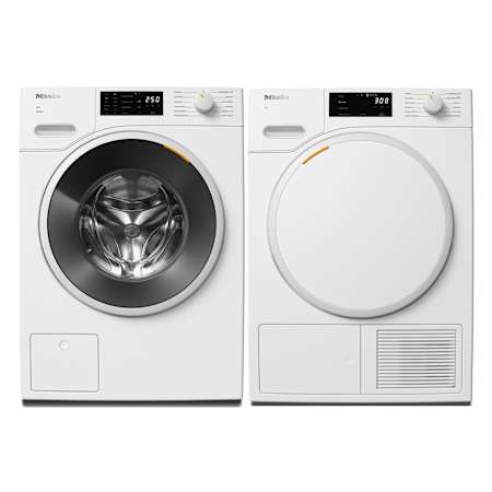 Miele 24 Inch Wide 2.26 Cu. Ft. Front Load Washer with SoftSteam Cycle and 24 Inch Wide 4.26 Cu. Ft. Electric Heat Pump Dryer Laundry Pair Lotus White