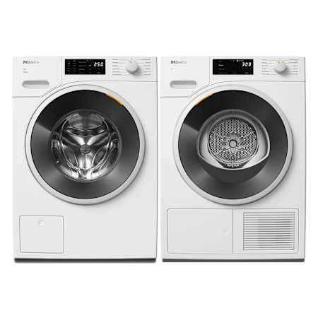 Miele 24 Inch Wide 2.26 Cu. Ft. Front Load Washer and 24 Inch Wide 4.26 Cu. Ft. Electric Heat Pump Dryer Laundry Pair with Wash2Dry Technology Lotus White