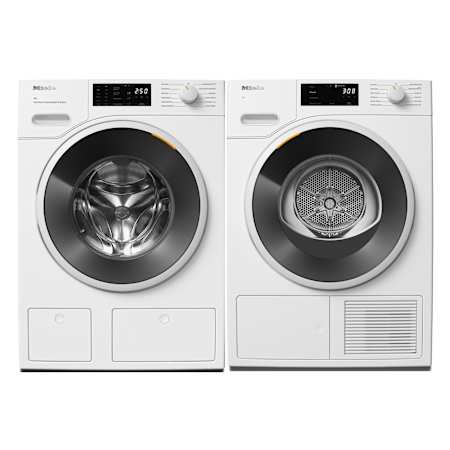 Miele 24 Inch Wide 2.26 Cu. Ft. Front Load Washer with Machine Sensor Control and 24 Inch Wide 4.26 Cu. Ft. Electric Heat Pump Dryer Laundry Pair Lotus White