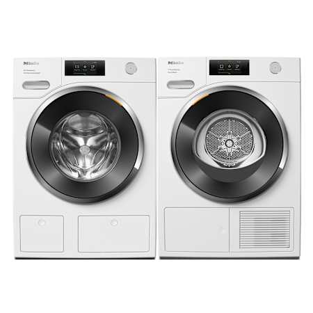 Miele 24 Inch Wide 2.26 Cu. Ft. Front Load Washer with M Touch Control and 24 Inch Wide 4.26 Cu. Ft. Electric Heat Pump Dryer Laundry Pair Lotus White