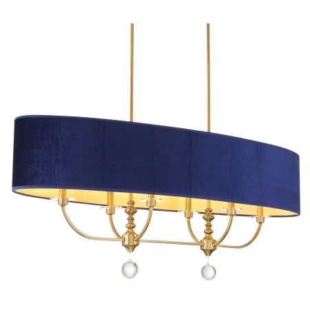 Minka Lavery Van Noord 6 Light 48" Wide Linear Chandelier with Blue Velvet Shade Oxidized Aged Brass