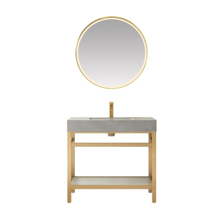 Miseno Funes 36" Free Standing Single Basin Vanity Set with Cabinet and Stone Vanity Top and Matching Mirror Brushed Gold / Gray
