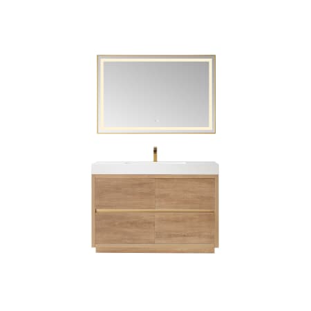 Miseno Huesca 48" Free Standing Single Basin Vanity Set with Cabinet, Stone Composite Vanity Top and Matching Mirror North American Oak