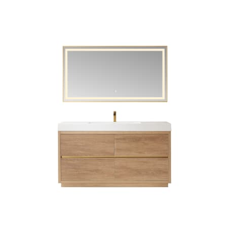Miseno Huesca 60" Free Standing Single Basin Vanity Set with Cabinet, Stone Composite Vanity Top and Matching Mirror North American Oak