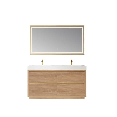 Miseno Huesca 60" Free Standing Double Basin Vanity Set with Cabinet, Stone Composite Vanity Top and Matching Mirror North American Oak