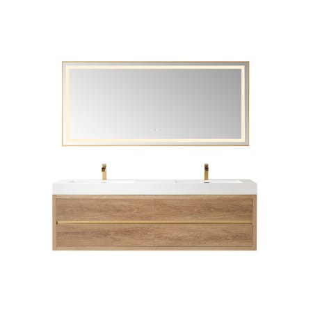 Miseno Palencia 72" Wall Mounted Double Basin Vanity Set with Cabinet, Stone Composite Vanity Top and Matching Mirror North American Oak