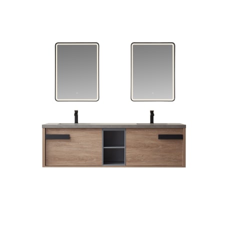 Miseno Carcastillo 72" Wall Mounted Double Basin Vanity Set with Cabinet, Stone Vanity Top and Matching Mirrors North American Oak