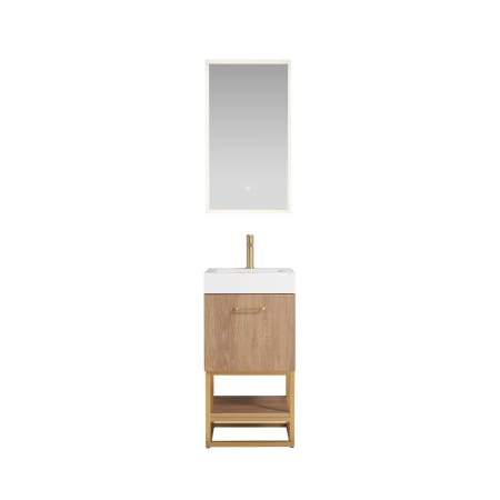 Miseno Alistair 18" Free Standing Single Basin Vanity Set with Cabinet and Ceramic Vanity Top with USB Port and Electrical Outlet and Matching Mirror North American Oak