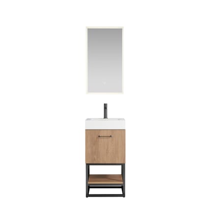 Miseno Alistair 18" Free Standing Single Basin Vanity Set with Cabinet and Ceramic Vanity Top with USB Port and Electrical Outlet and Matching Mirror North American Oak