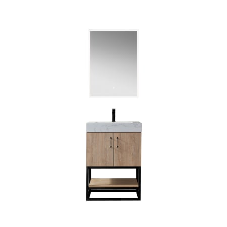 Miseno Alistair 24" Free Standing Single Basin Vanity Set with Cabinet and Stone Vanity Top with USB Port and Electrical Outlet and Matching Mirror North American Oak