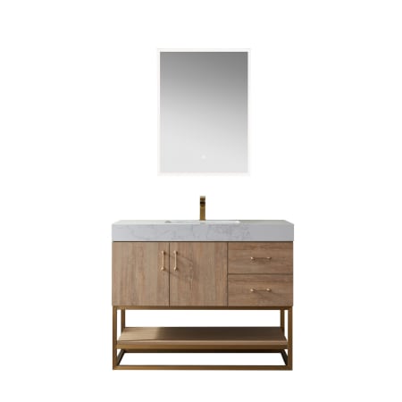 Miseno Alistair 42" Free Standing Single Basin Vanity Set with Cabinet and Stone Vanity Top with USB Port and Electrical Outlet and Matching Mirror North American Oak