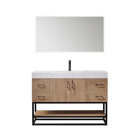 Miseno Alistair 48" Free Standing Single Basin Vanity Set with Cabinet and Stone Vanity Top with USB Port and Electrical Outlet and Matching Mirror North American Oak