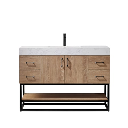 Miseno Alistair 48" Free Standing Single Basin Vanity Set with Cabinet and Stone Vanity Top with USB Port and Electrical Outlet North American Oak