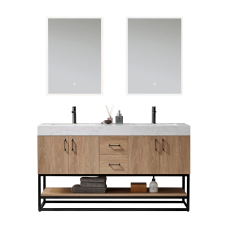 Miseno Alistair 60" Free Standing Double Basin Vanity Set with Cabinet and Stone Vanity Top with USB Port and Electrical Outlet and Matching Mirrors North American Oak