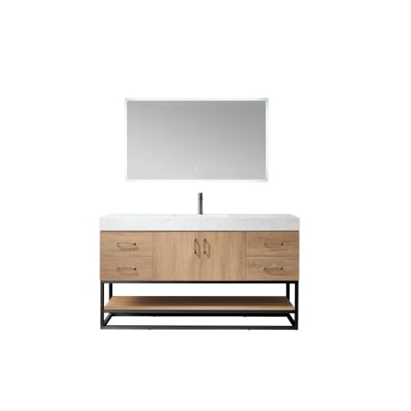 Miseno Alistair 60" Free Standing Single Basin Vanity Set with Cabinet and Stone Vanity Top with USB Port and Electrical Outlet and Matching Mirror North American Oak