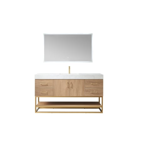 Miseno Alistair 60" Free Standing Single Basin Vanity Set with Cabinet and Stone Vanity Top with USB Port and Electrical Outlet and Matching Mirror North American Oak