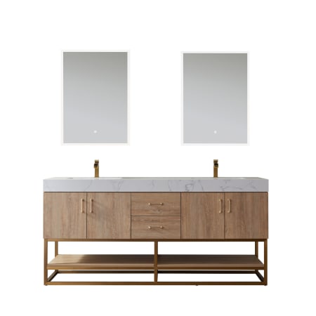 Miseno Alistair 72" Free Standing Double Basin Vanity Set with Cabinet and Stone Vanity Top with USB Port and Electrical Outlet and Matching Mirrors North American Oak