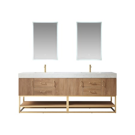 Miseno Alistair 84" Free Standing Double Basin Vanity Set with Cabinet and Stone Vanity Top with USB Port and Electrical Outlet and Matching Mirrors North American Oak