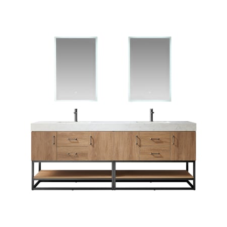 Miseno Alistair 84" Free Standing Double Basin Vanity Set with Cabinet and Stone Vanity Top with USB Port and Electrical Outlet and Matching Mirrors North American Oak