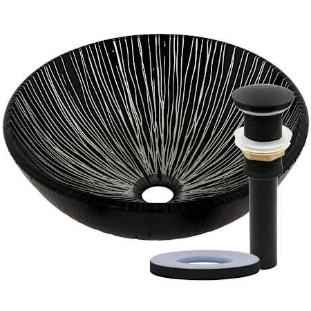 Miseno Circular 16-1/2" Tempered Glass Vessel Bathroom Sink Flat Black Drain