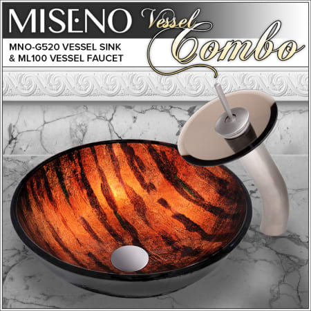 Miseno Circular 16-1/2" Tempered Glass Vessel Bathroom Sink with Single Handle Waterfall Vessel Faucet & Pop-Up Drain Brushed Nickel/Brown Glass Faucet