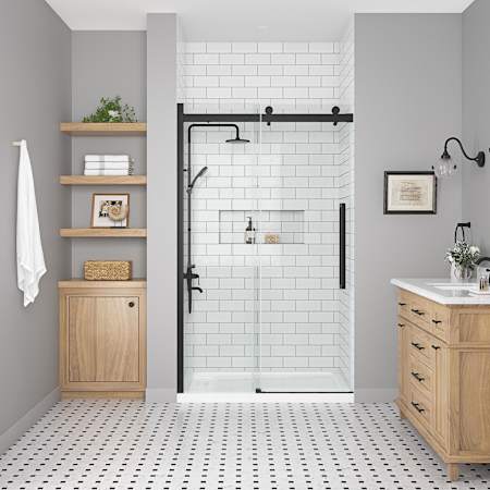 Miseno Bel 81-1/2" High x 48" Wide Sliding Frameless Shower Door with Clear Glass - Includes Base Black