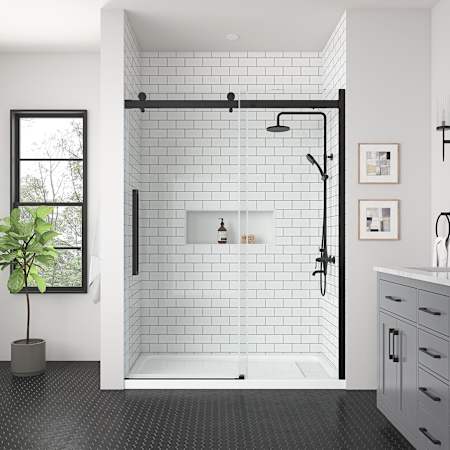 Miseno Bel 81-1/2" High x 60" Wide Sliding Frameless Shower Door with Clear Glass - Includes Base Black