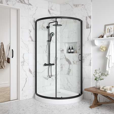 Miseno Breeze 35 in. L x 35 in. W x 77 in. H Round Corner Shower Kit with Sliding Door and Shower Base Pan (Walls not Included) Black / Clear