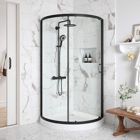 Miseno Breeze 44 in. L x 44 in. W x 77 in. H Round Corner Shower Kit with Sliding Door and Shower Base Pan (Walls not Included) Black / Clear