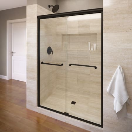 Miseno Forever 65-1/2" High x 54-1/2" - 58-1/2" Wide Sliding Framed Shower Door with Clear Glass Wrought Iron