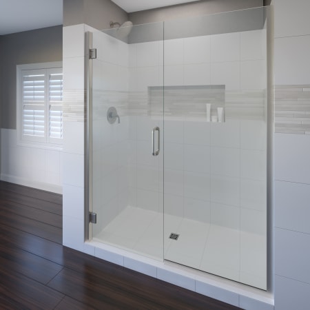 Miseno Swipe 72" High x 47"-48" Wide Hinged Frameless Shower Door with Clear Glass Brushed Nickel