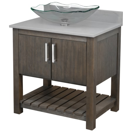 Miseno 30" Free Standing Single Basin Vanity Set with Cabinet, Rectangular Glass Vessel Sink and Grey Quartz Vanity Top Cafe Mocha / Storm Grey Top / Brushed Nickel Hardware