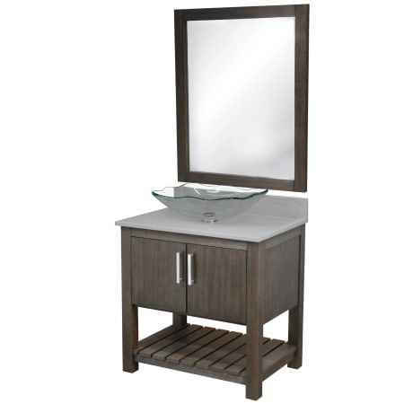 Miseno 30" Free Standing Single Basin Vanity Set with Cabinet, Grey Quartz Vanity Top, Rectangular Glass Vessel Sink and Mirror Cafe Mocha / Storm Grey Top / Brushed Nickel Hardware