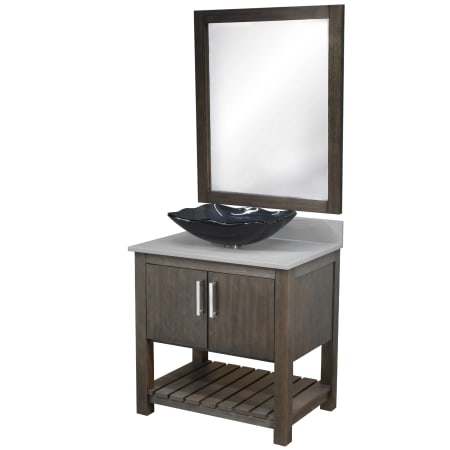 Miseno 30" Free Standing Single Basin Vanity Set with Cabinet, Grey Quartz Vanity Top, Rectangular Glass Vessel Sink and Mirror Cafe Mocha / Storm Grey Top / Brushed Nickel Hardware