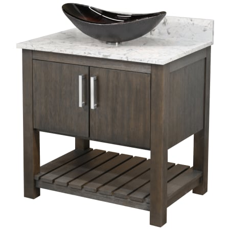 Miseno 30" Free Standing Single Basin Vanity Set with Cabinet, Oval Glass Vessel Sink and Quartz Vanity Top Cafe Mocha / Cafe Mocha Top / Brushed Nickel Hardware